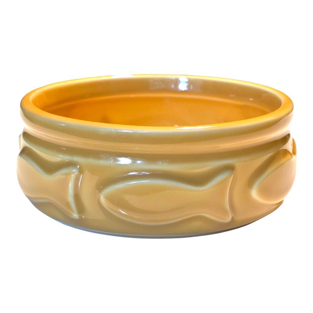 Cat Water or Food Bowl Yellow Ceramic With Fish Stoneware 5” Kitty NEW